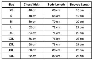 A size chart for T-shirt.