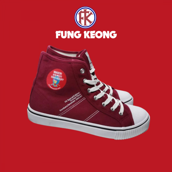 A maroon coloured high cut sneakers with a Fung Keong logo above it.