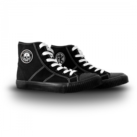 A black high cut sneakers with white shoelaces and a Velcro patch.